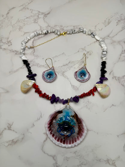 Set Blue Crab Necklace Resin‑Encased Shell Collection Shell Necklaces Sea Necklaces Epoxy Resin