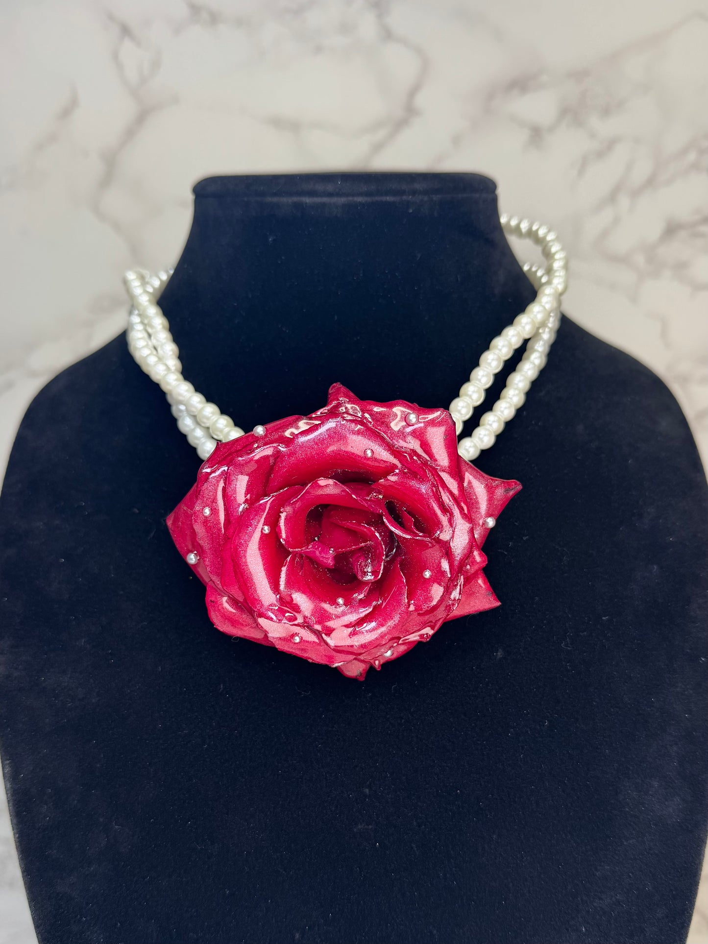 Rose Handmade Real Red Rose Necklace | Preserved Flower Jewelry with Crystal Pearl Beads | Made in USA