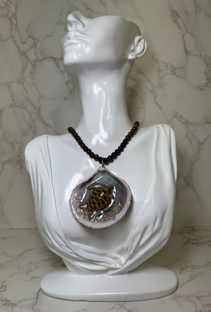 Green Sea Turtle Handmade Sea Turtle Necklace Encapsulated in Real Shell with UV Resin on Fine Colored Crystal Beads