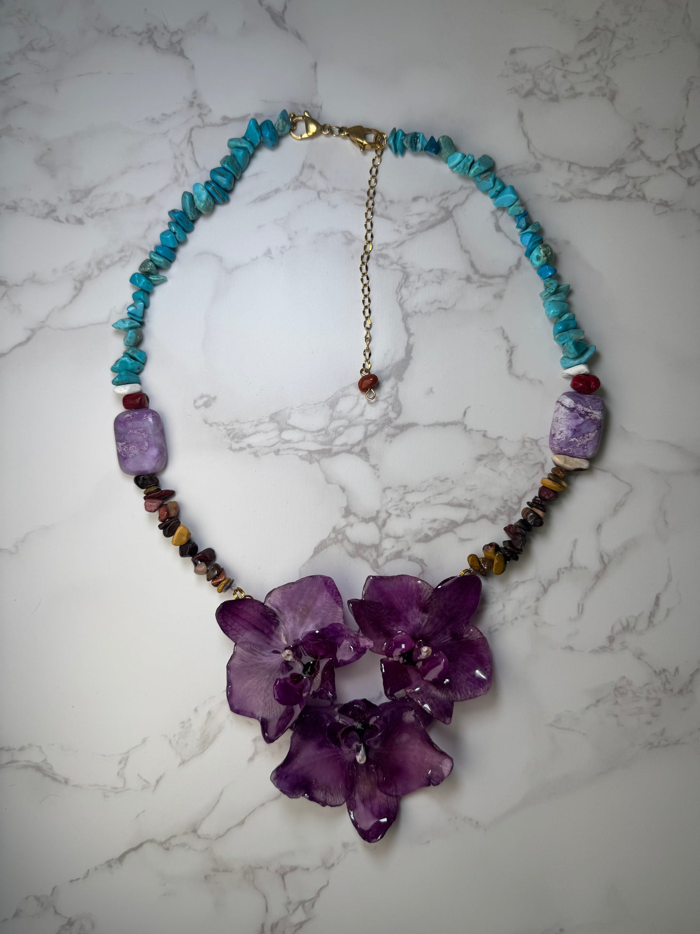 Triple Dark Purple Orchids Necklace - Real Orchid Necklace – Natural Flower Preserved in Resin