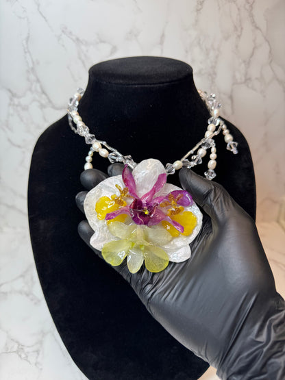 Violeta Real Preserved Orchids & Plumeria Necklace| Handmade Botanical Jewelry | Floral Art