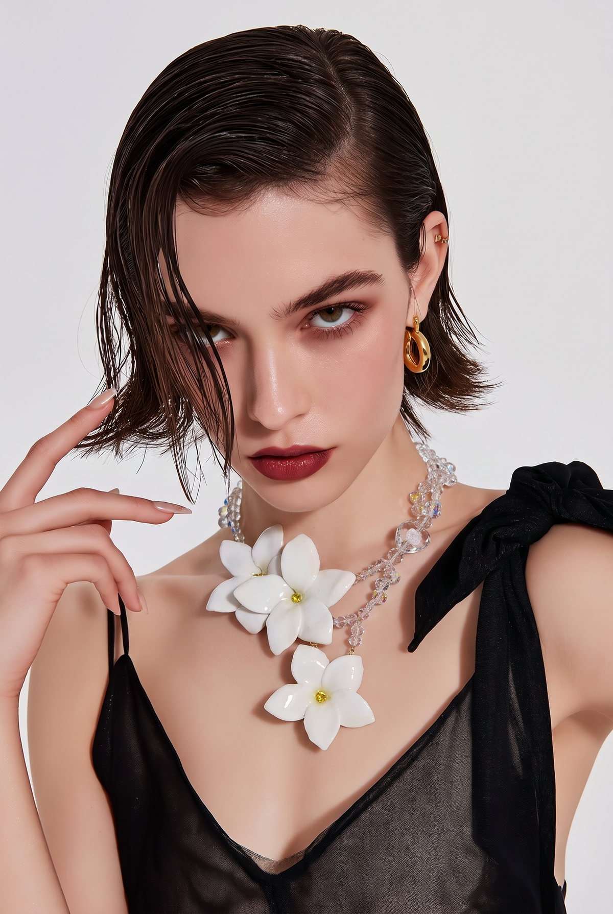 Snow Dream White Clear Flower Crystal Necklace | Handmade Floral Jewelry