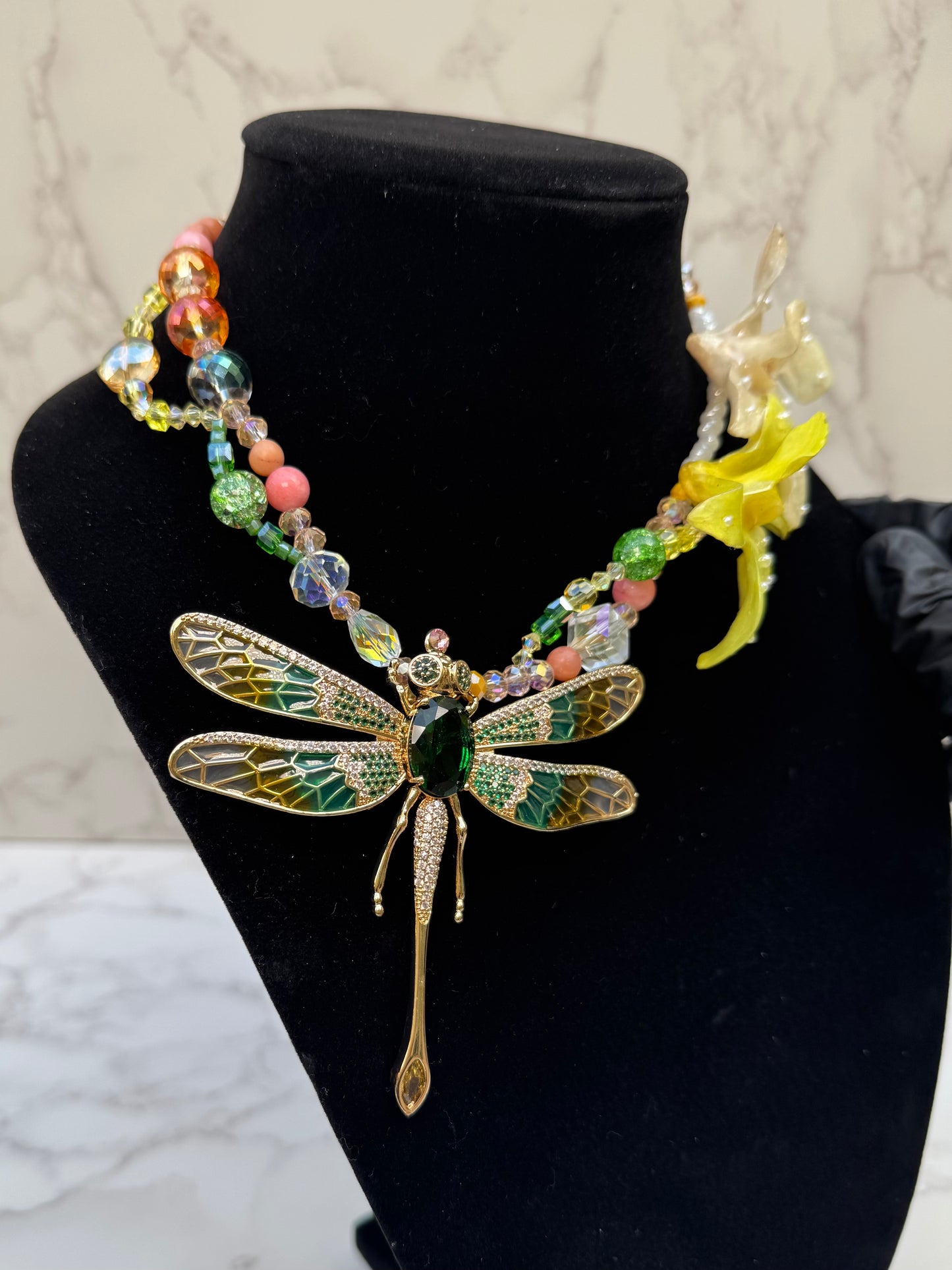Golden Dragonfly Yellow Orchid with Dragonfly – Green & Clear Crystal Necklace | Handmade Floral Jewelry