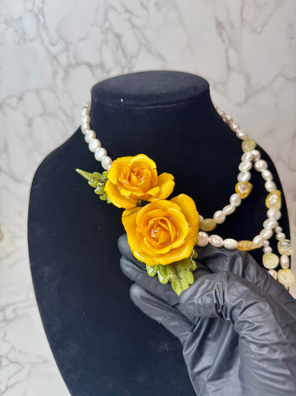 Lucia Eternal Rose – Real Yellow Rose in UV Resin & Nacar Pearl Necklace | Handmade Floral Jewelry | Made in USA