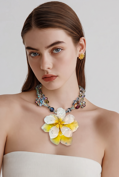 Lucy White & Yellow Clear Plumeria Flowers Crystal Necklace | Handmade Floral Jewelry