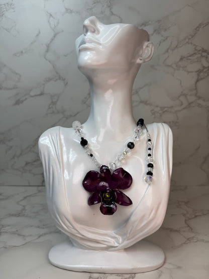 Night Handmade Real Mini Dark Red Orchid Necklace | Resin Flower Jewelry | Made in USA)