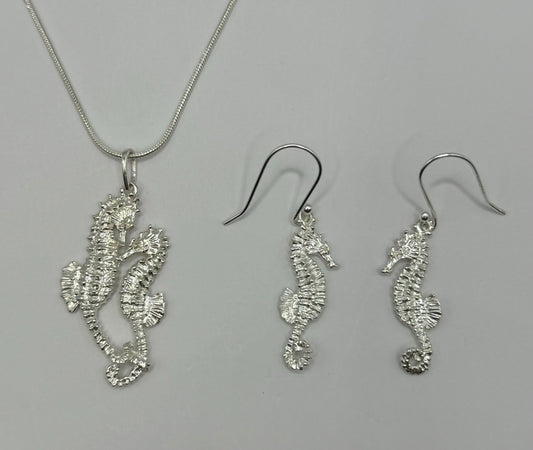 Sea Horse Necklace and Earrings Set - Handcrafted in 925 Sterling Silver for Nautical Jewelry for Women Marine Life Lovers, Handmade in USA