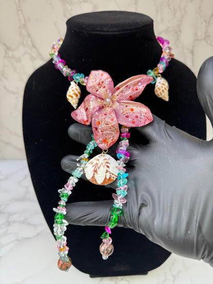 Coral Spark Plumeria Flower Necklace with Seashell Charms – Mini Crystal Beaded Jewelry
