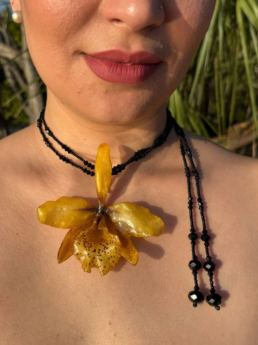 Crimson Spotted Golden Cattleya Mini Yellow Cattleya Orchid Necklace – Long Black Crystal Double Wrap Necklace