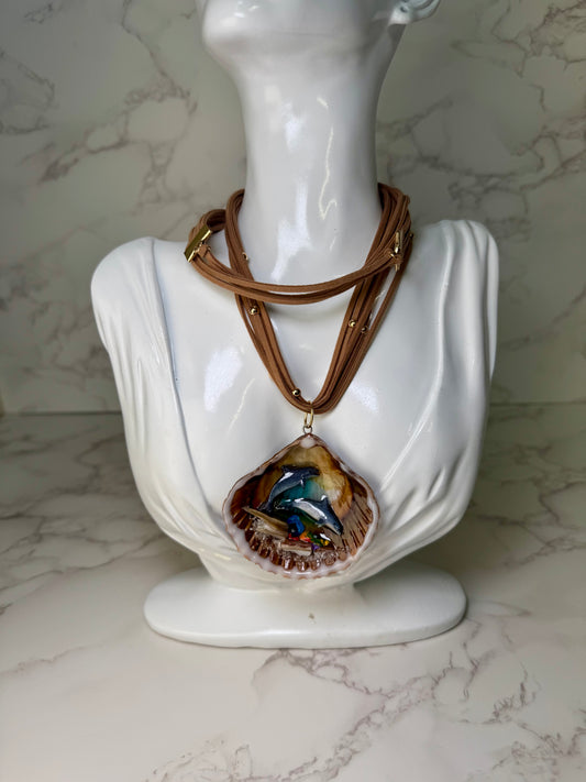 Dolphin Duo Diving Small Reef Shell Necklace - Encapsulated in Real Shell with UV Resin on Adjustable Leather Cord