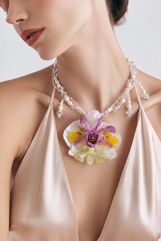 Violeta Real Preserved Orchids & Plumeria Necklace| Handmade Botanical Jewelry | Floral Art