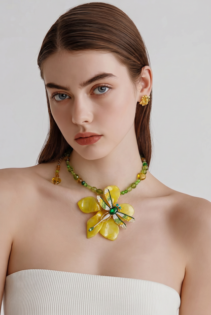 Iris Dragonfly Yellow Plumeria with Dragonfly – Clear Crystal Necklace | Handmade Floral Jewelry