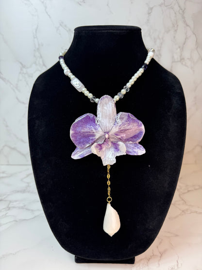 Mila  Purple & White Real Orchid Necklace | Handmade Flower Jewelry | Botanical Statement Pendant