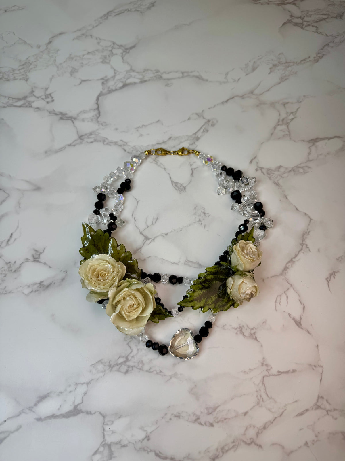 Angela Eternal Rose – Real White Roses in UV Resin & Clear And Black Crystal Necklace | Handmade Floral Jewelry | Made in USA