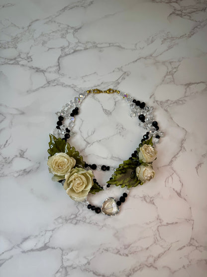Angela Eternal Rose – Real White Roses in UV Resin & Clear And Black Crystal Necklace | Handmade Floral Jewelry | Made in USA