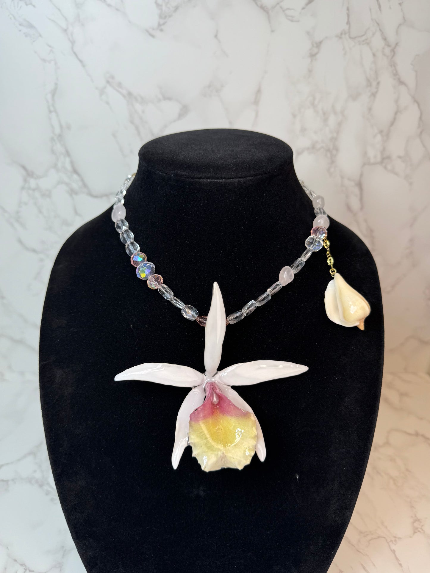 Dahlia Handmade Real Orchid Necklace | Crystal Bead Jewelry | Resin Flower Pendant | Made in USA