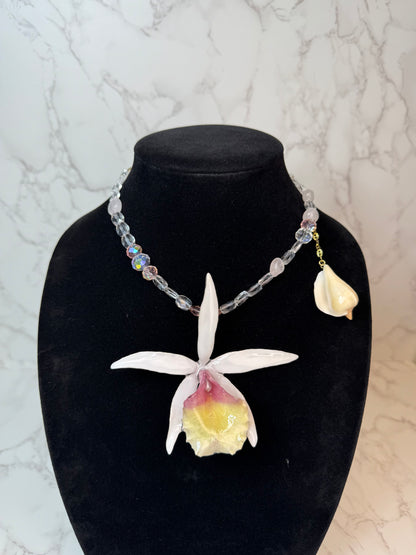 Dahlia Handmade Real Orchid Necklace | Crystal Bead Jewelry | Resin Flower Pendant | Made in USA