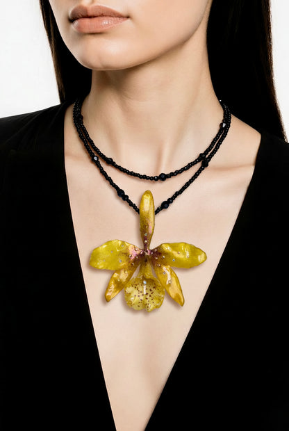 Milagro Handmade Real Yellow Orchid Necklace | Black Crystal Bead Jewelry | Resin Flower Pendant | Made in USA