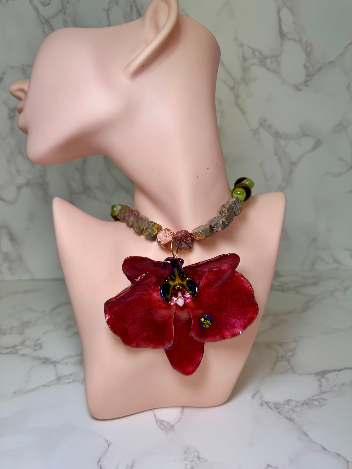 Carmine Orchid with Frog Necklace Live Beauty Captured – Handmade Orchid Jewelry in Resin