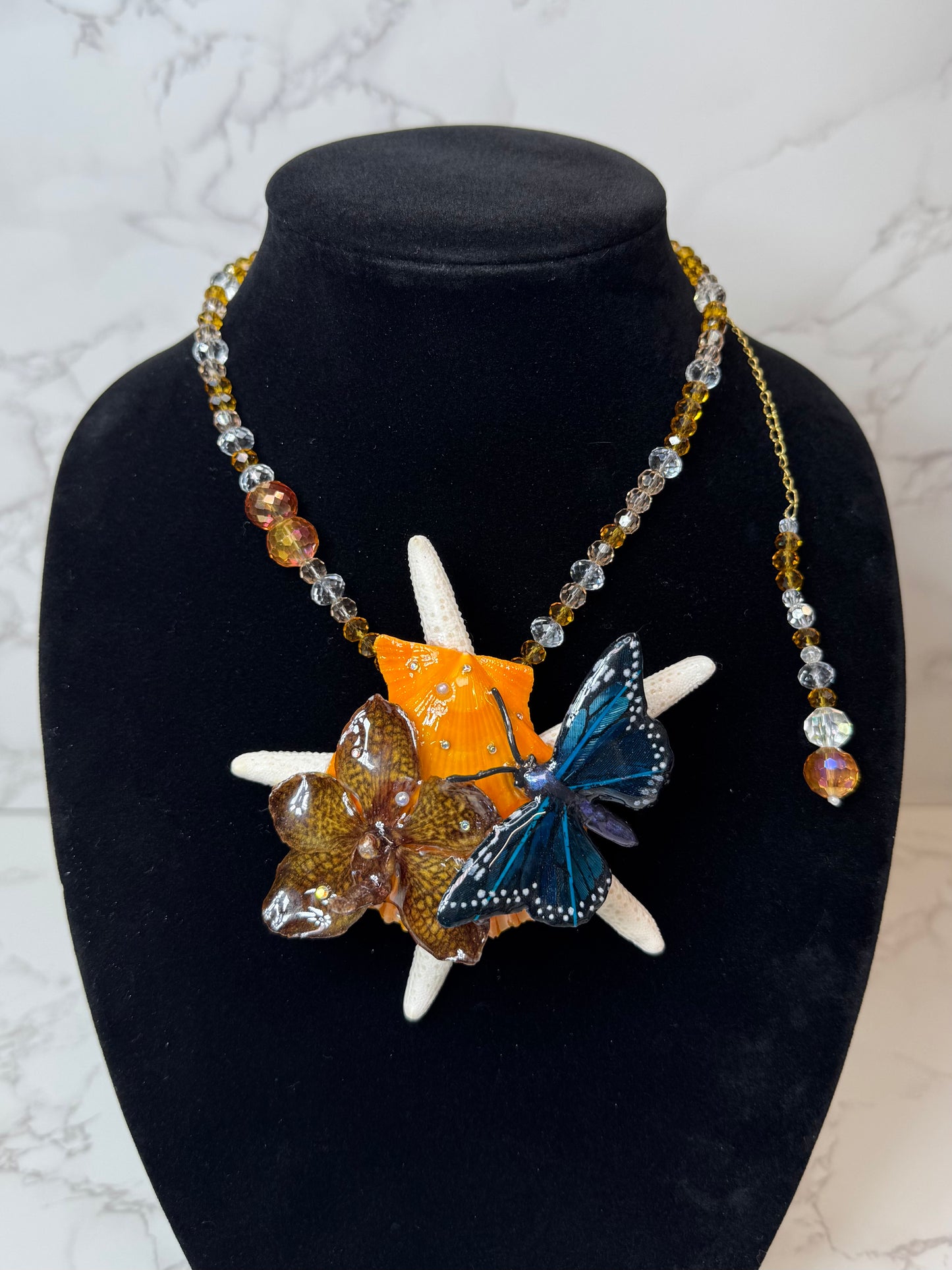 Jessy Real Starfish, Fake Butterfly & Preserved Flower Necklace | Convertible Hair Clip | Handmade Ocean & Botanical Jewelry