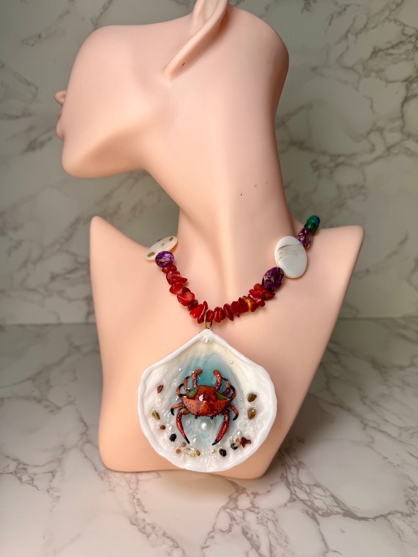Red Crab Shell Necklace - Encapsulated in Real Shell with UV Resin