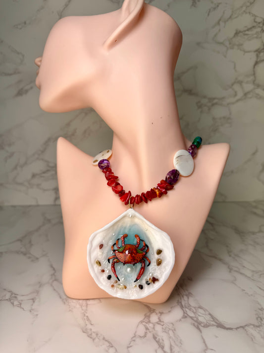 Red Crab Shell Necklace - Encapsulated in Real Shell with UV Resin