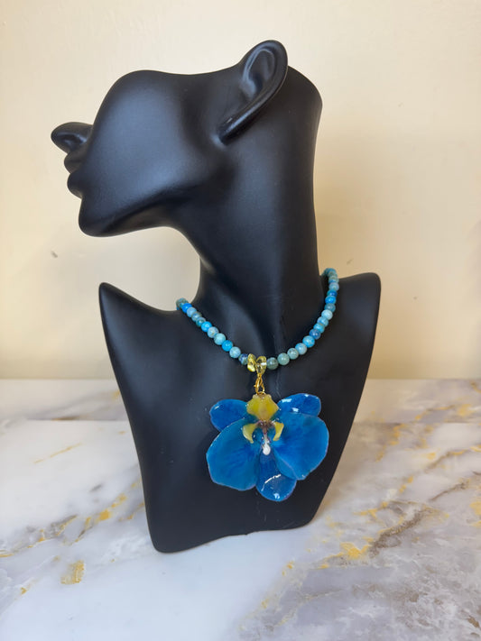 Blue-Yellow Real Orchid Resin Necklace  Real orchid dried in silica gel and preserved in ultraviolet resin Made with Crystal Accents