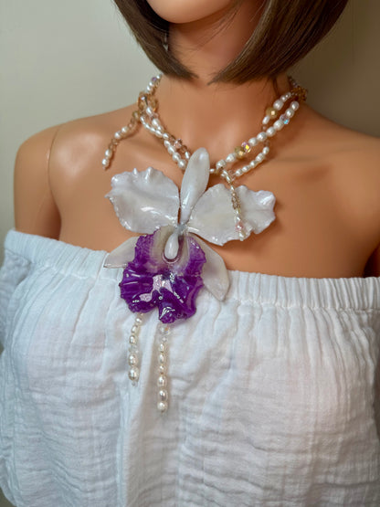 Real Cattleya Orchid Crystal Necklace | Handmade Flower Jewelry | Botanical Statement Pendant