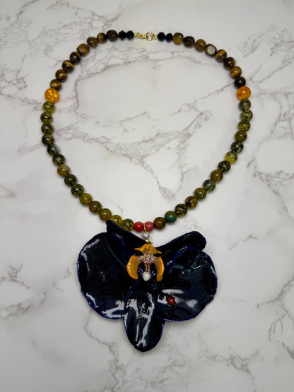 Dark Blue Orchid with Ladybug Necklace Real Preserved Orchid Jewelry – Natural Orchids in UV Resin