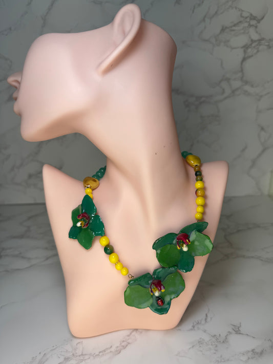 Three Green Asymmetrical  Orchids Necklace - Real Orchid Necklace – Natural Flower Preserved in Resin