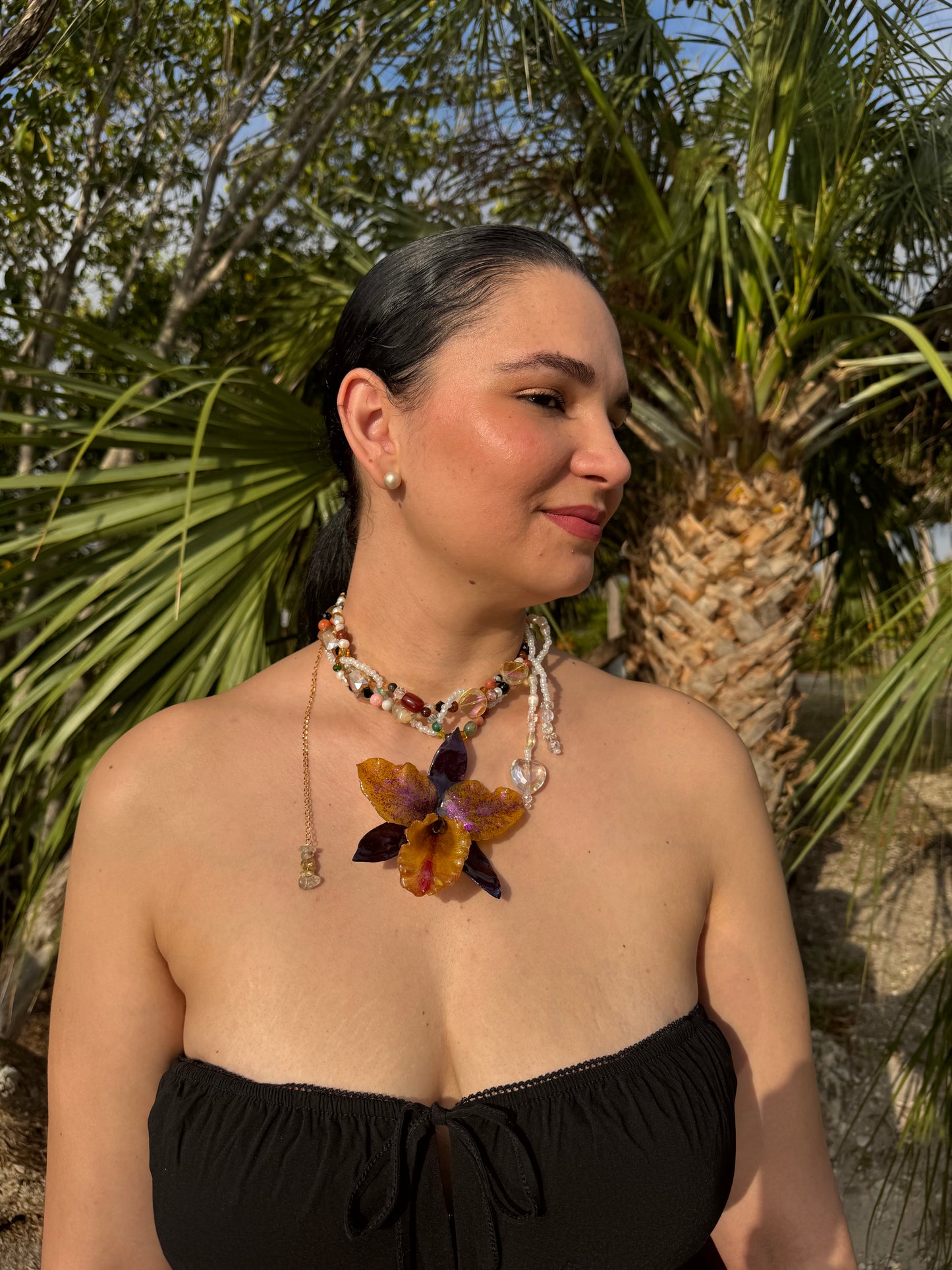 Aurora Carnival Cattleya Golden Cattleya Orchid Necklace – Purple Iridescent Petals & Multicolor Crystal & Gemstone Beads