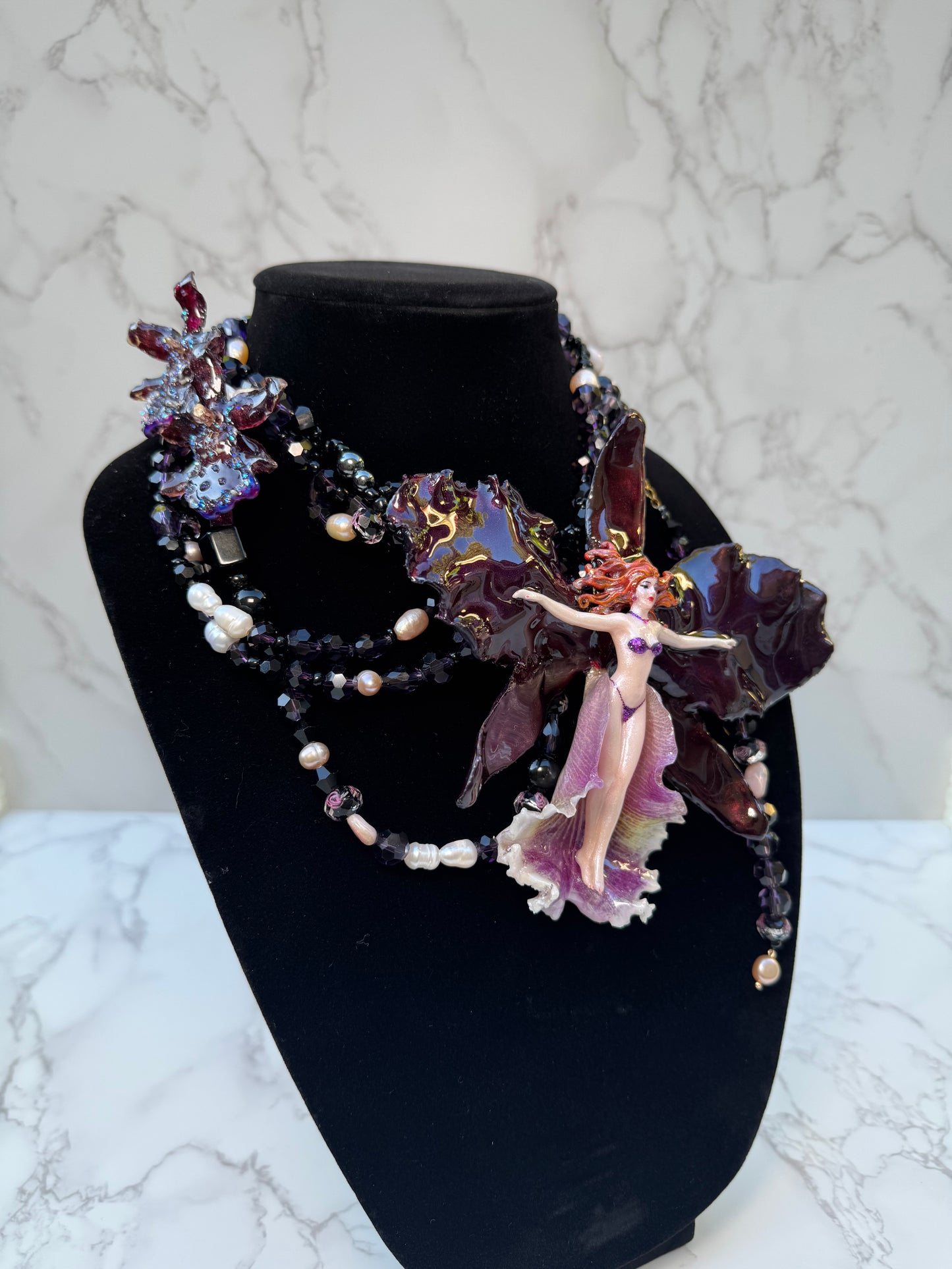 Selene- LIMITED EDITION – NYFW EXHIBITION PIECE Real Midnight Dark Red & Black Cattleya Orchid Necklace with Female Figure, Black Crystal and Freshwater Pearl Necklace
