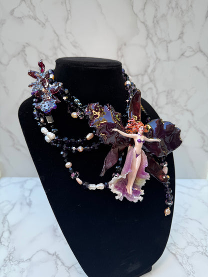Selene- LIMITED EDITION – NYFW EXHIBITION PIECE Real Midnight Dark Red & Black Cattleya Orchid Necklace with Female Figure, Black Crystal and Freshwater Pearl Necklace