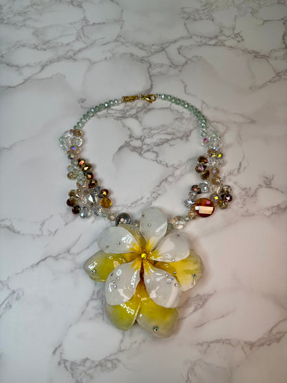Lucy White & Yellow Clear Plumeria Flowers Crystal Necklace | Handmade Floral Jewelry