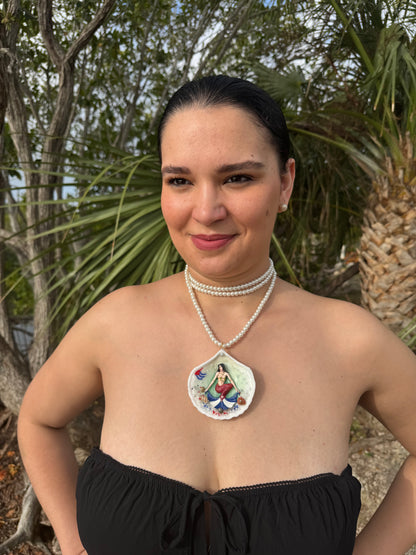 Cuba Libre Mermaid Natural seashell featuring a handmade craft metal mermaid with brown hair and a red tail inspired by the Cuban flag preserved in UV resin Beautiful Stones Necklace Handmade craft jewelry Crystal Pearl Necklace