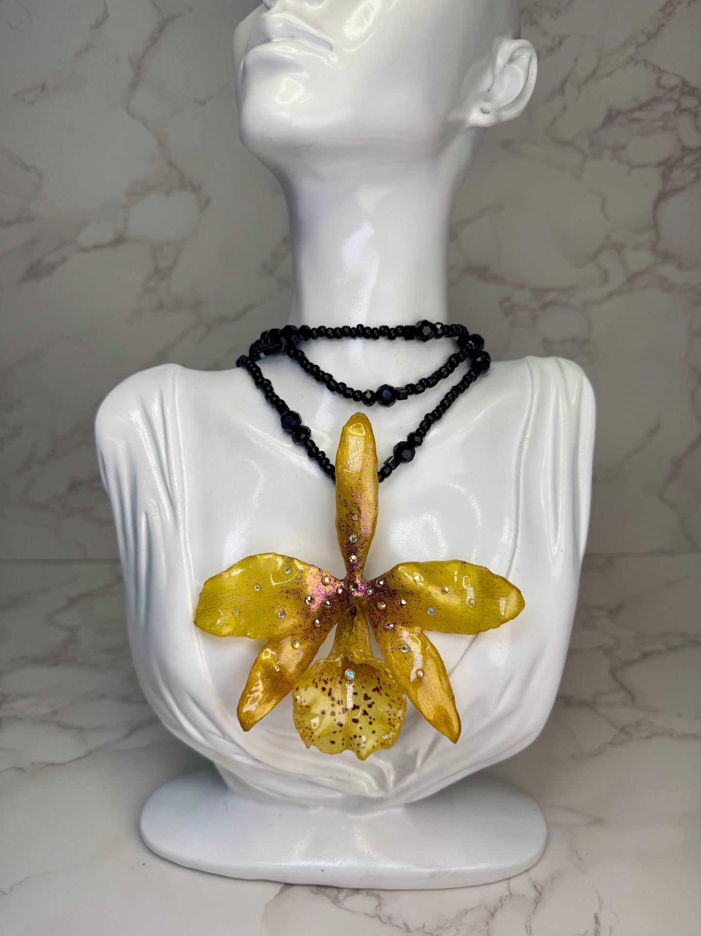 Milagro Handmade Real Yellow Orchid Necklace | Black Crystal Bead Jewelry | Resin Flower Pendant | Made in USA
