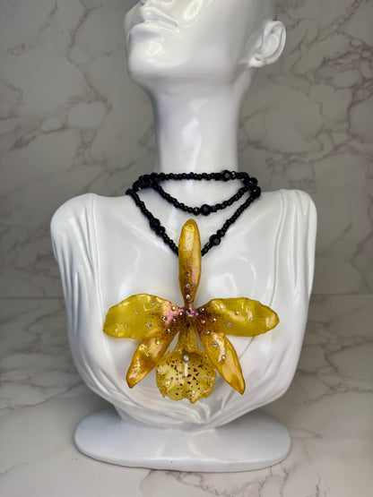 Milagro Handmade Real Yellow Orchid Necklace | Black Crystal Bead Jewelry | Resin Flower Pendant | Made in USA