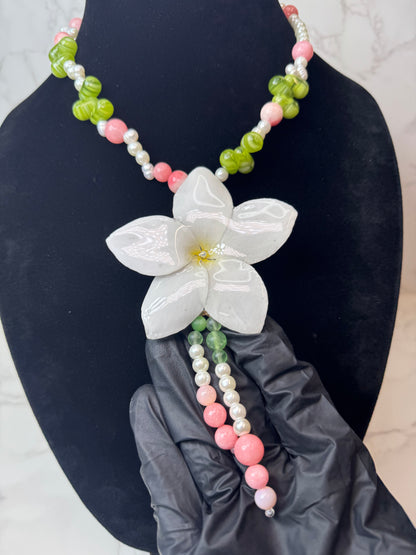 White Clear Flower Crystal Necklace | Handmade Floral Jewelry