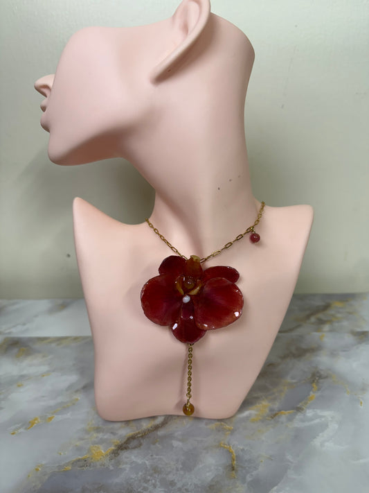 Real Red-Orange Orchid Real orchid dried in silica gel and preserved in ultraviolet Resin Necklace Stainless steel Chain