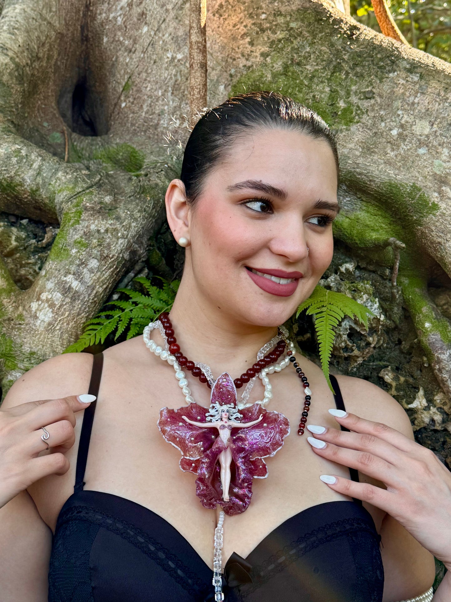 Calista – LIMITED EDITION – NYFW EXHIBITION PIECE Real Dark Purple Orchid with White Edges, Hand-Carved Female Figure, Mother-of-Pearl, Freshwater Pearls and Clear & Crimson Crystal Necklace