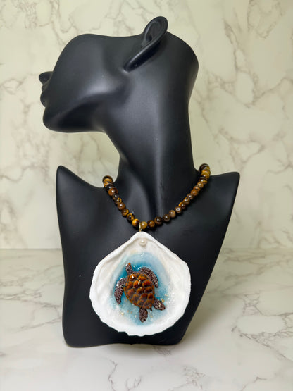 Dark Brown Sea Turtle Resin‑Encased Sea Turtle in Shell with UV Resin on Crystal Bead Necklace