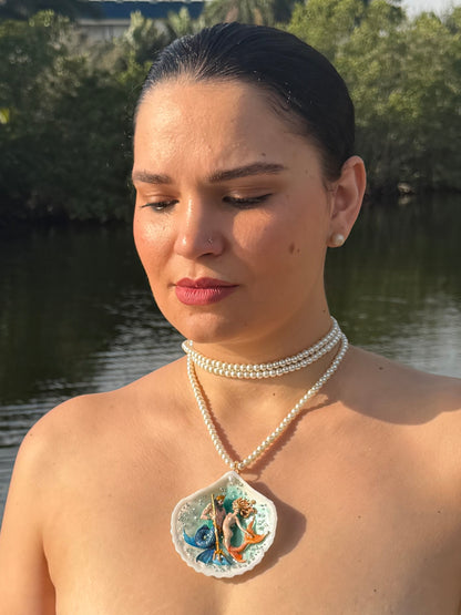 The Ocean King & The Coral Flame Mermaids– Guardians of the Deep Mermaid & Triton Natural Shell Necklace – Long Crystal Pearl Triple Wrap Beaded Jewelry