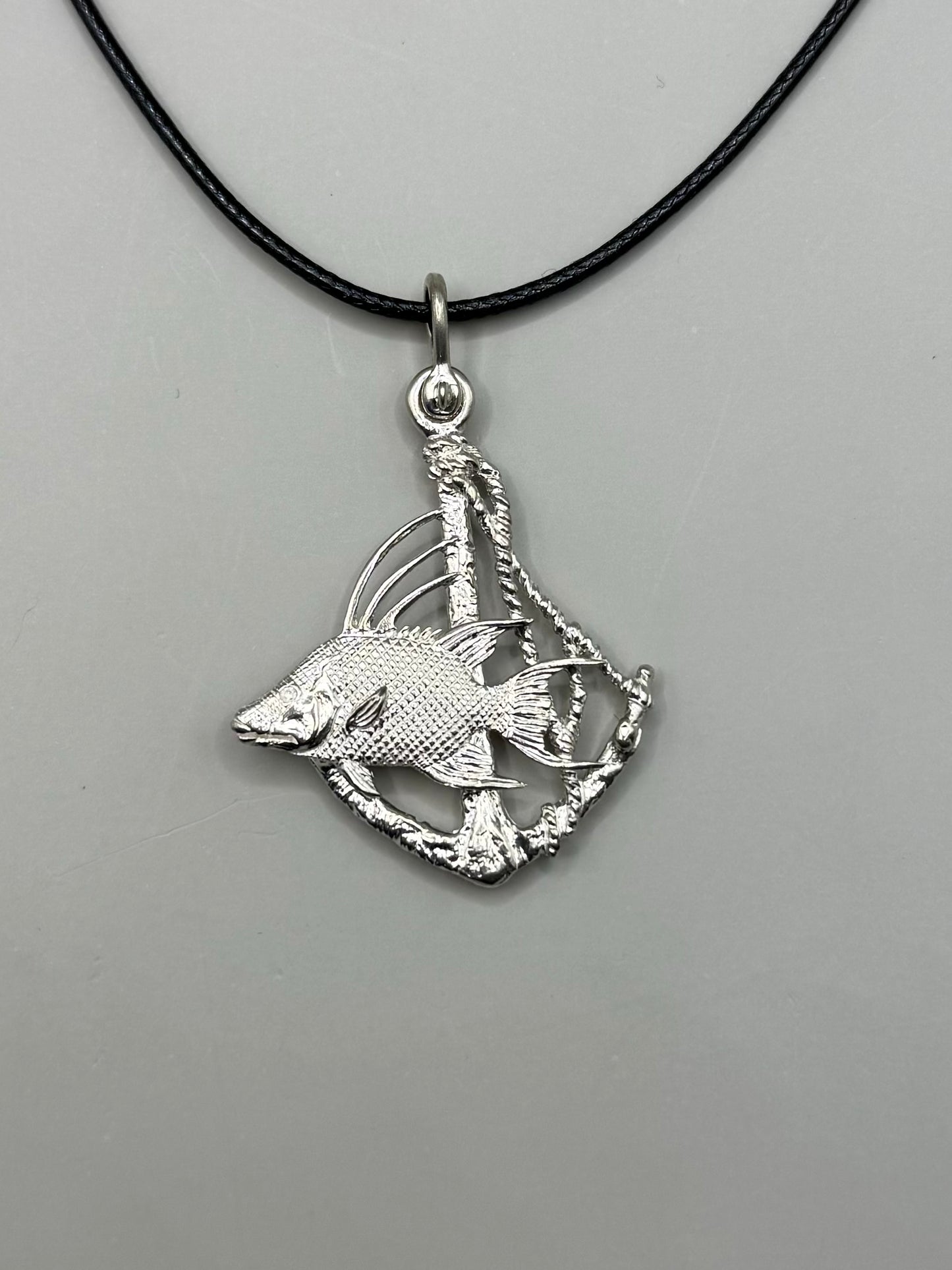 Hogfish and Anchor Necklace, Handcrafted Detailed Pendant in 925 Sterling Silver. Ocean-Nautical Theme Jewelry for Fishermen Fishing Lovers. Handmade in USA