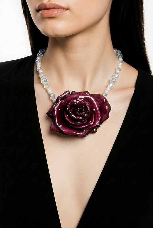 Scarlet Rose Handmade Real Red Rose Necklace | Preserved Flower Jewelry with Crystal Beads | Made in USA
