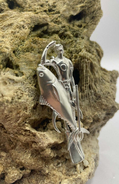 Tuna fish & Diver, 3D Pendant, 925 Silver - Lluch Jewelry