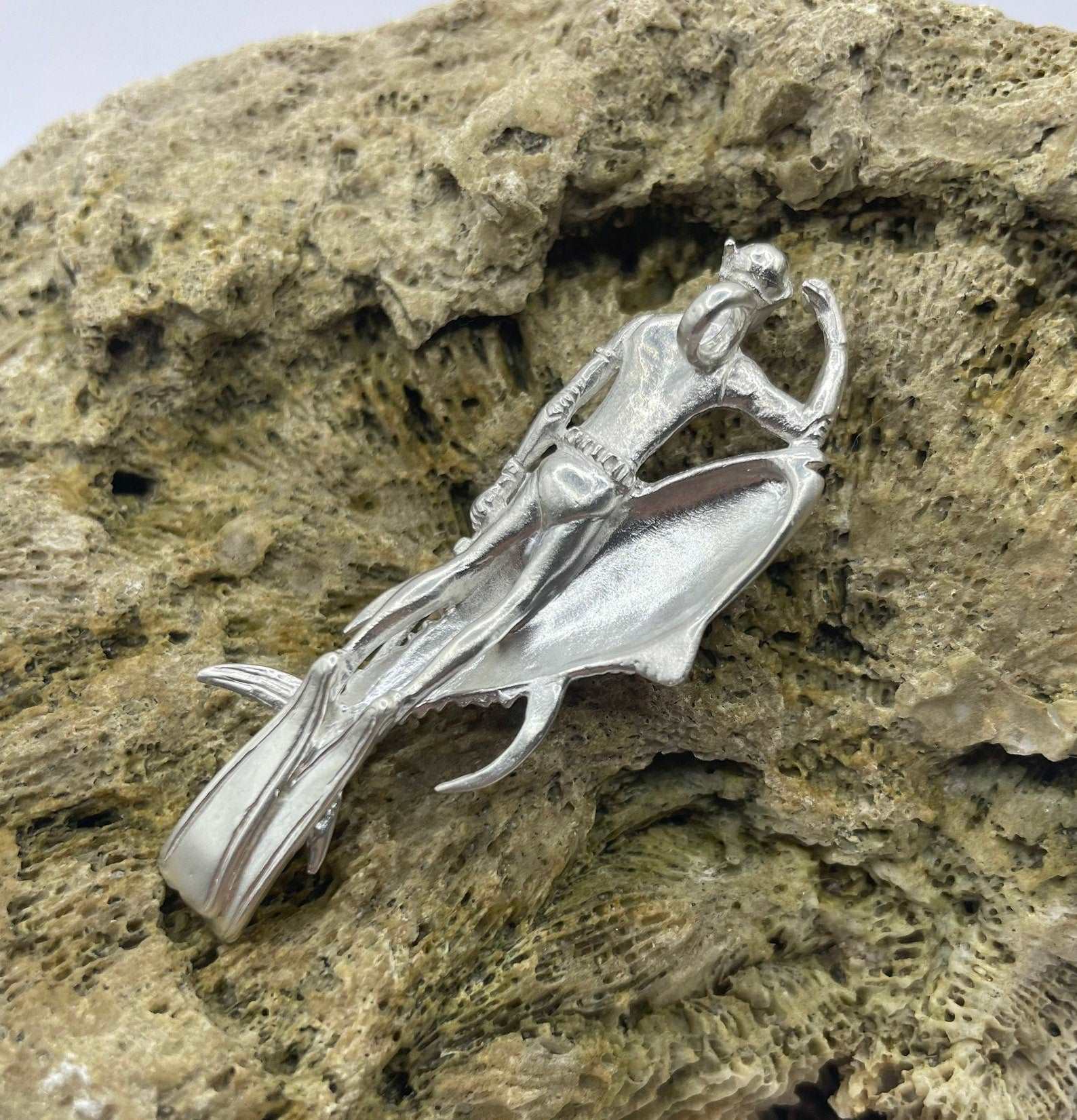 Tuna fish & Diver, 3D Pendant, 925 Silver - Lluch Jewelry