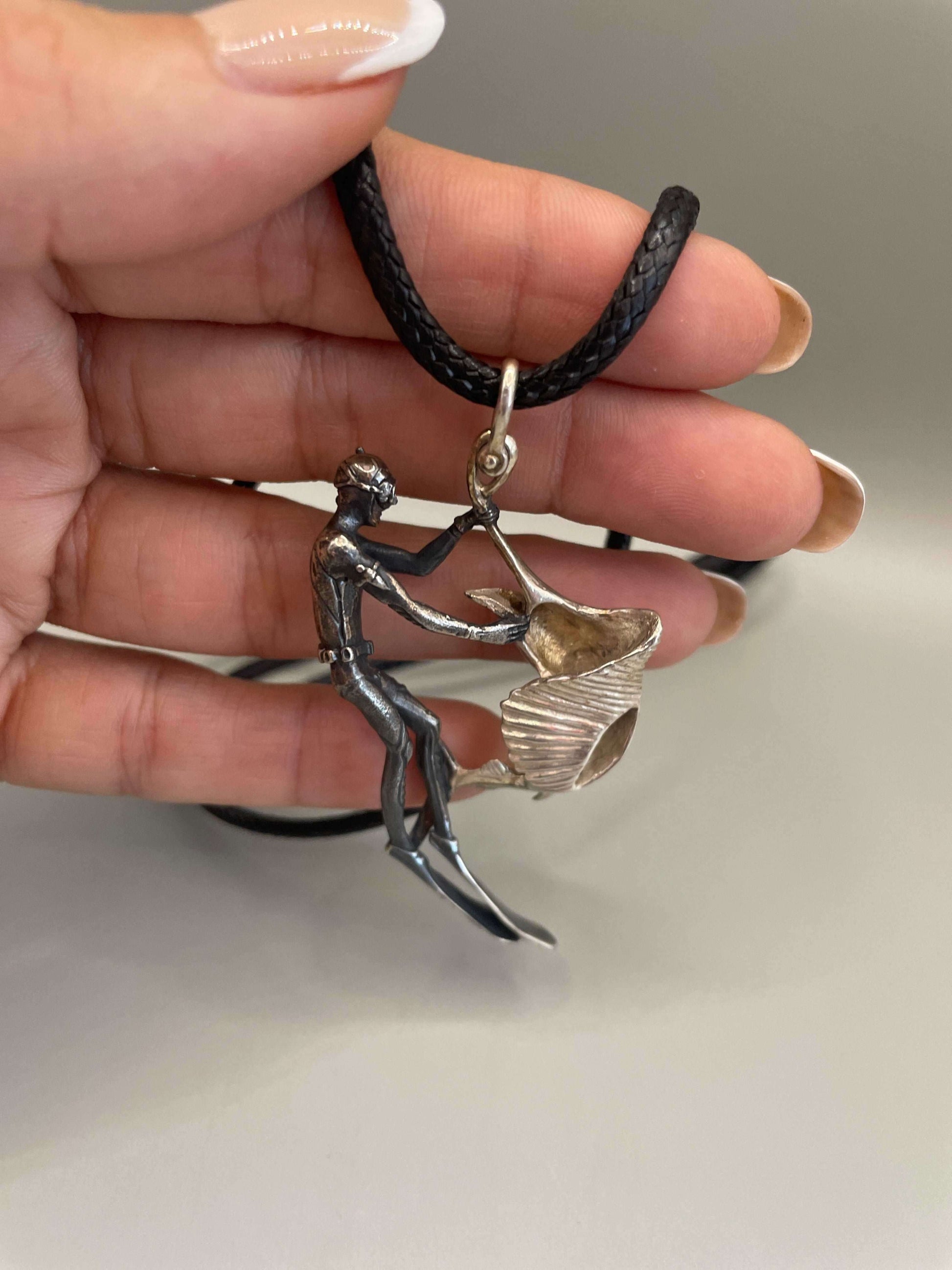 Diver & Swordfish Necklace, 925 Sterling Silver, 3D Pendant - Lluch Jewelry