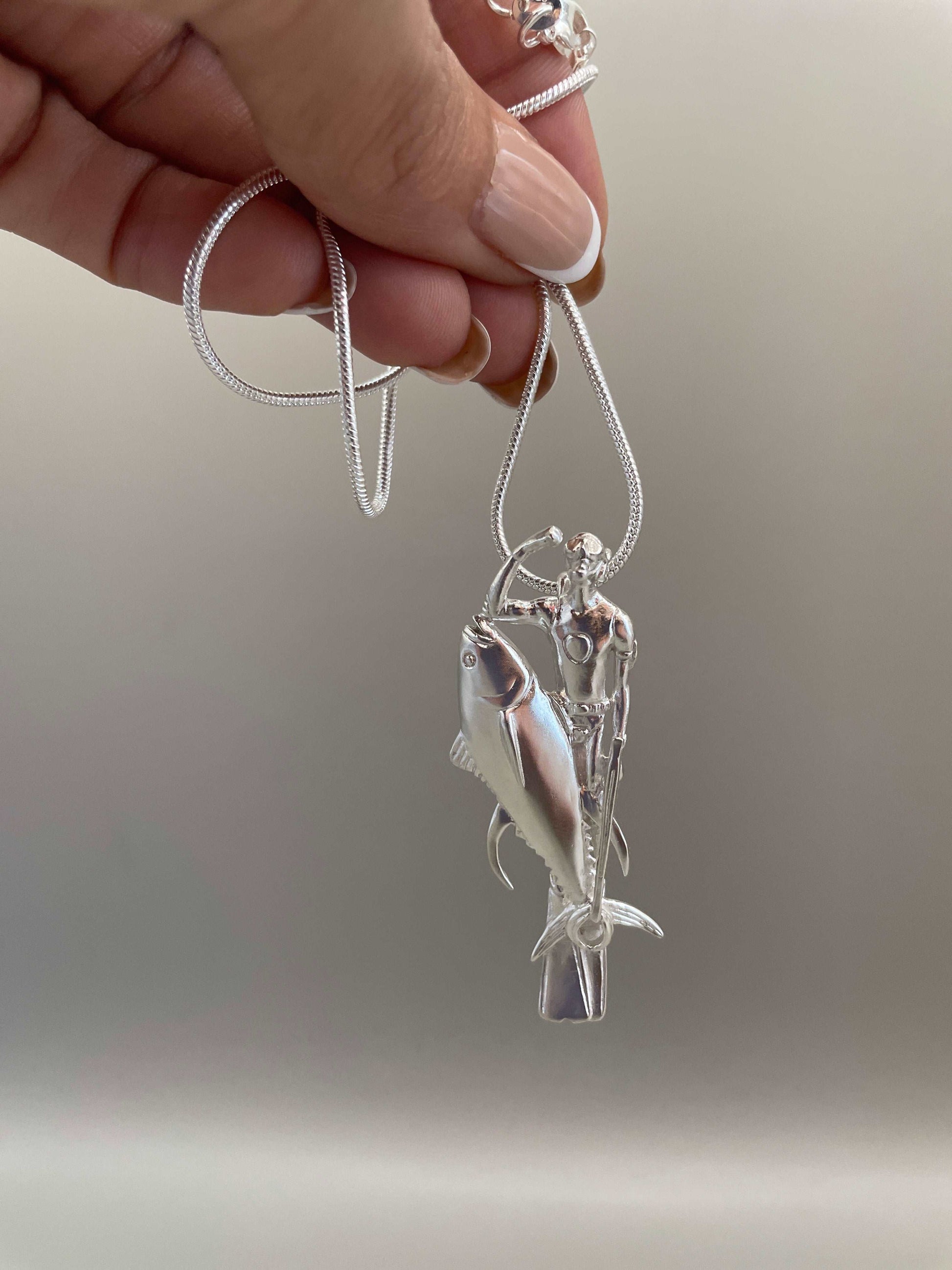 Tuna fish & Diver, 3D Pendant, 925 Silver - Lluch Jewelry