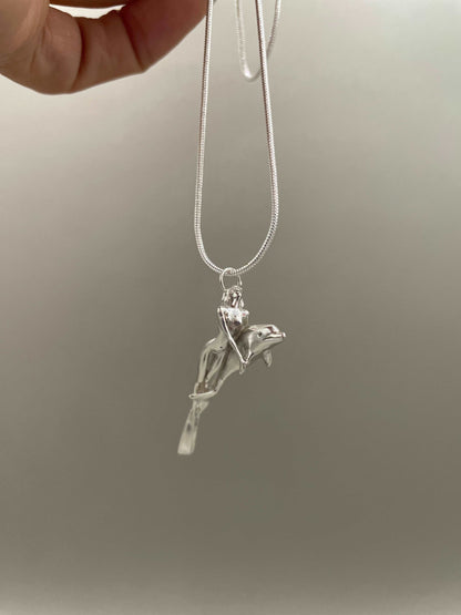 Scuba Girl Riding Dolphin, 925 Silver, 3D Pendant - Lluch Jewelry