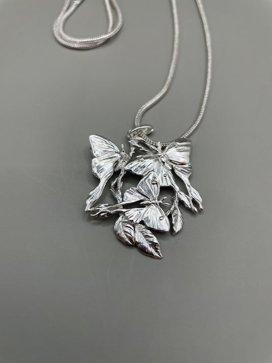 Moonlight Butterflies On Branches Pendant, 925 Silver Necklace